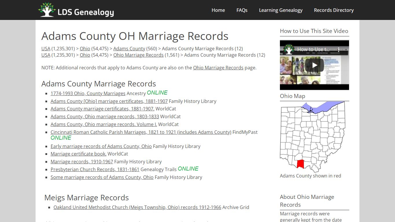 Adams County OH Marriage Records - LDS Genealogy