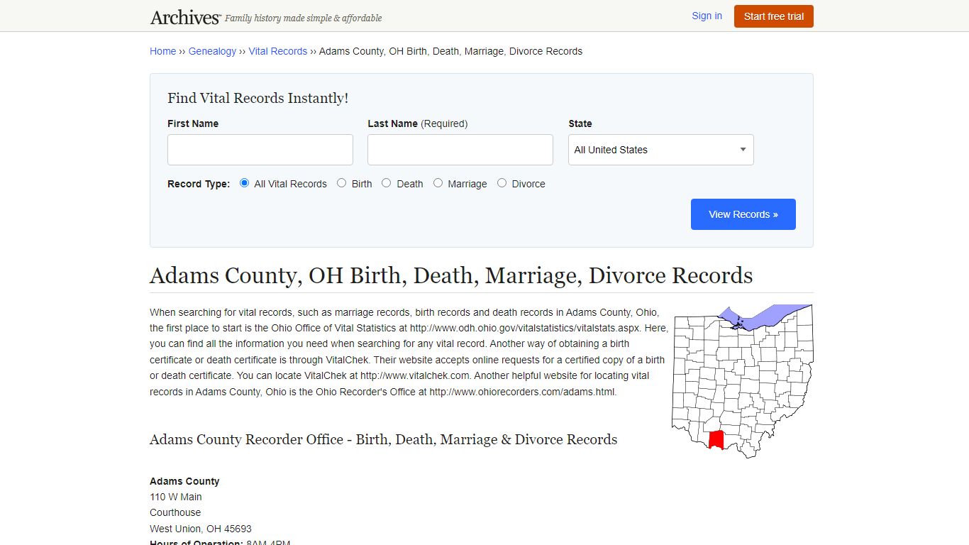Adams County, OH Birth, Death, Marriage, Divorce Records