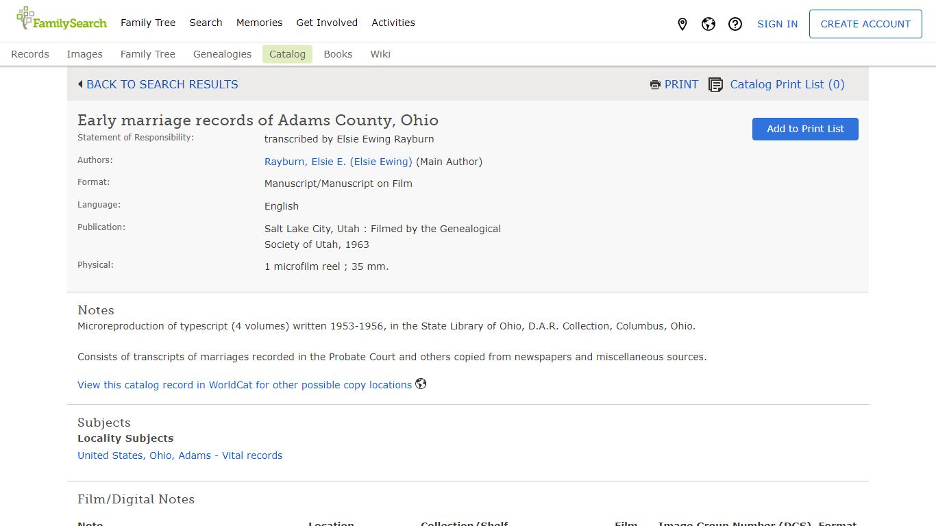 Early marriage records of Adams County, Ohio - FamilySearch